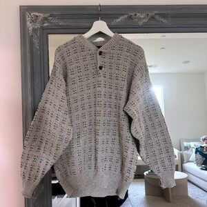 Liberty Vintage 90s Men's Henley Sweater Gray Cotton Textured Knit Oversized L